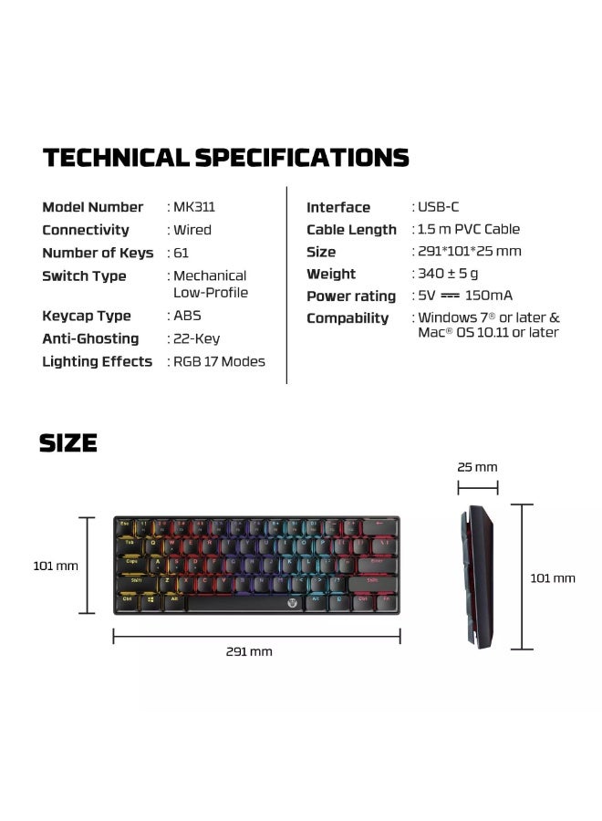 فانتيك لوحة مفاتيح الألعاب الميكانيكية ATOM AIR61 MK311 - مفاتيح زرقاء منخفضة الارتفاع - إضاءة RGB بـ 17 وضعًا - أغطية مفاتيح إضافية - Image 5